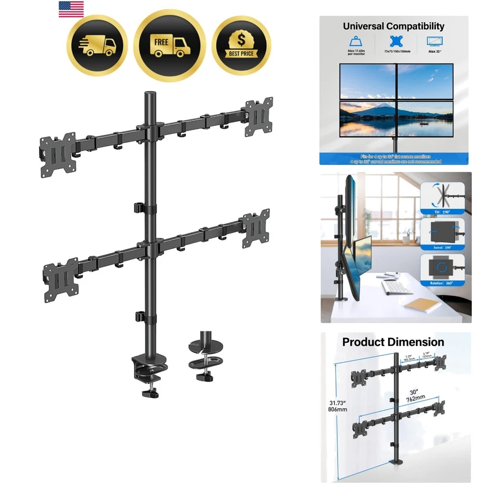 Quad Monitor Stand Mount for 17-32 Inch Screens Fully Adjustable Desk Mount - Image 1 of 4