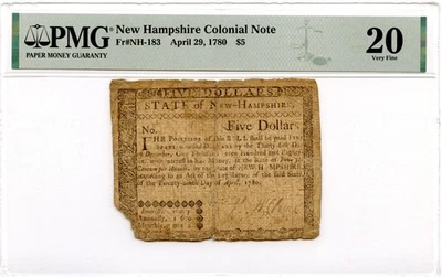 New Hampshire Colonial Note Fr#NH-183 April 29, 1780 $5 PMG VF-20 *Uncanceled* - Image 1 of 2