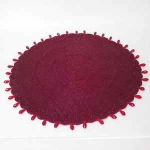 Antique 1900s Glass Beaded Doily 15" Round Faceted Drop Crystals Red Maroon - Picture 1 of 12