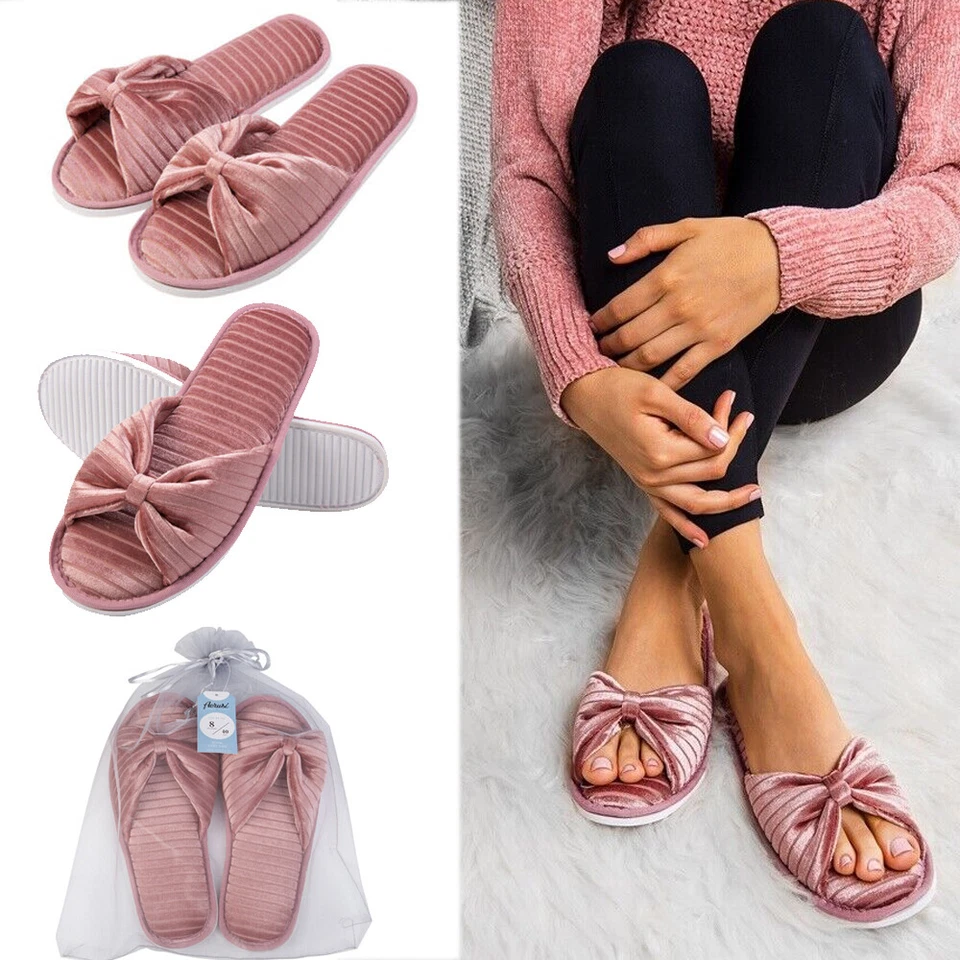 Pink Winter Warm Slippers Bowknot Open Toe Soft Flip Flops Women Shoes Size 6-10 - Image 1 of 4