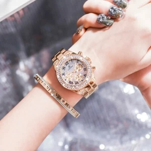 Women watch Three eyes quartz  gemmed Stainless steel belt luminous rose gold    - Picture 1 of 9
