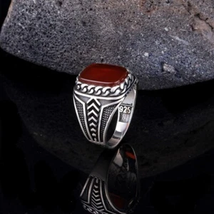 925 Sterling Silver Solid Gemstone Red Onyx Men's Ring Unique Onyx Gem Jewelry - Picture 1 of 10