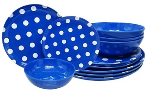 Quality 12pc Melamine Dinner Set - Blue Polka Dot 4 Bowls 4 Dinner Plates & 4... - Picture 1 of 3