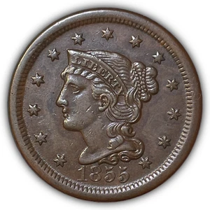 1855 N-4 Cuds Braided Hair Large Cent Almost Uncirculated AU Coin #21840 - Picture 1 of 2