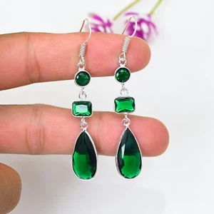 Green Tourmaline Gemstone 925 Sterling Silver Handmade Dangle Earring Jewelry - Picture 1 of 5