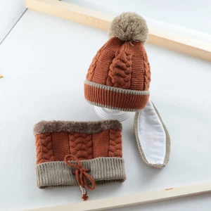 Baby kids Winter Pompom Beanie Hat Neck Warmer Set of 3 Girl Boys Scarf Hat 2-7Y - Picture 1 of 19