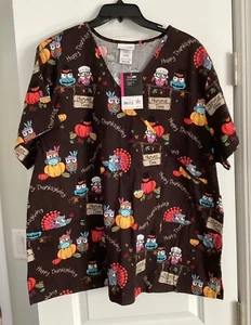 ScrubStar Women Thanksgiving Shirt Size 2X Owls Pumpkins 2 Pockets Pilgrims NJ - Picture 1 of 4