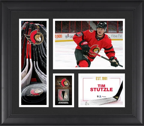 Tim Stutzle Ottawa Senators FRMD 15" x 17" Collage with a Piece of GU Puck Cover