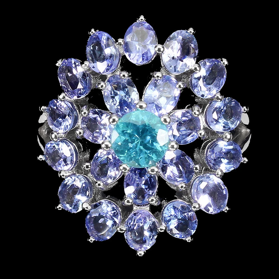 925 Anello Argento Sterling Rotondo Apatite Tanzanite Naturale Gemma Misura 7 - Immagine 1 di 4