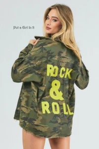 New Womens OLIVE CAMO ROCK & ROLL DISTRESSED UTILITY SHACKET JACKET SHIRT S M L - Picture 1 of 7
