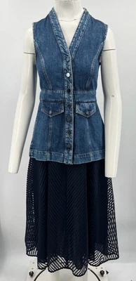Sportmax Code ALTRD Sleeveless Denim Vest + Navy Printed Skirt Combo Dress sz 8 - Image 1 of 4