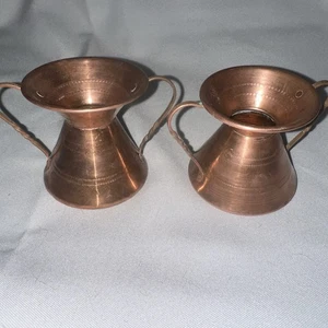 Vintage Hand Made Etched Copper Spittoon Shape Vase/Pot Spiral Handles Set Of 2 - Picture 1 of 11