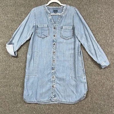 J Jill Denim Shirt Dress Womens Small Petite Blue Tencel Button Front Pockets - Image 1 of 4