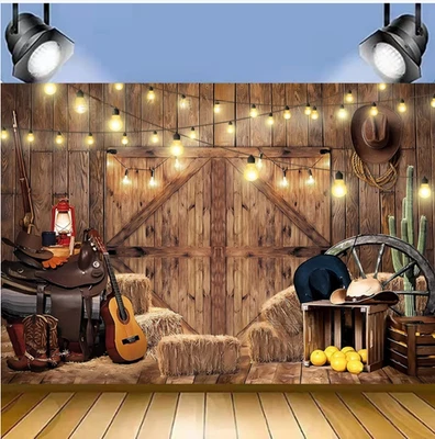 Telón de fondo de vaquero occidental granja granero fiesta de cumpleaños foto fondo pancarta decoración Foto 1 de 4