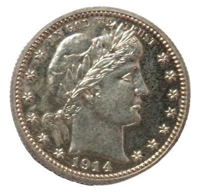 1914 USA PROOF SILVER BARBER QUARTER LOWEST 380 MINTED CHOICE PROOF CAMEO 25c - Image 1 of 2