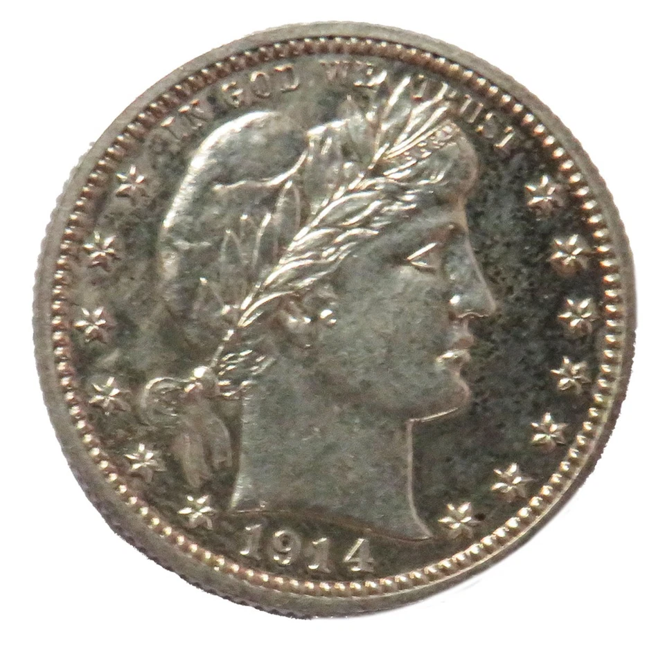 1914 USA PROOF SILVER BARBER QUARTER LOWEST 380 MINTED CHOICE PROOF CAMEO 25c - Image 1 of 2