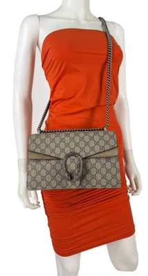 Gucci $2290 Auth Small Beige GG Supreme Dionysus Suede Chain Bag Crossbody Purse - Image 1 of 4