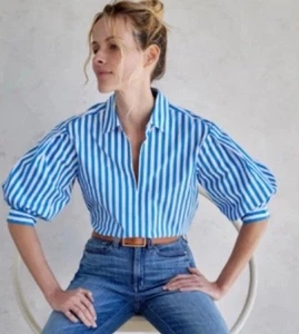 $220 AYR size M Capeside Striped Puff Sleeve V Neck Popover Top Athens Blue - Picture 1 of 8
