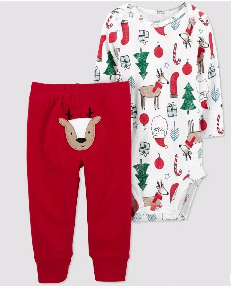Carter's Just One You Baby 2pc Christmas Reindeer Winter Bodysuit Top Bottom Set - Image 1 of 1