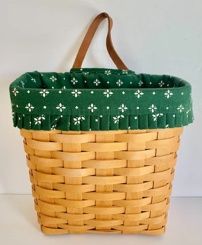 Vintage 1999 Longaberger Hanging Basket with Fabric Liner and Leather Handle Cover