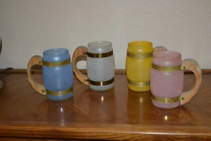 Vintage Mid-Century SIESTA WARE Frosted Glass Brass Banded Mugs w/ Wood Handles. - Picture 1 of 3