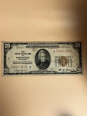 USA  1929  $20  Federal Reserve Bank  Minneapolis, Minnesota Free Shipping - Image 1 of 3