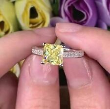 2.39 Ct Real Princess Cut Citrine & Diamond Engagement Ring 14K Solid White Gold