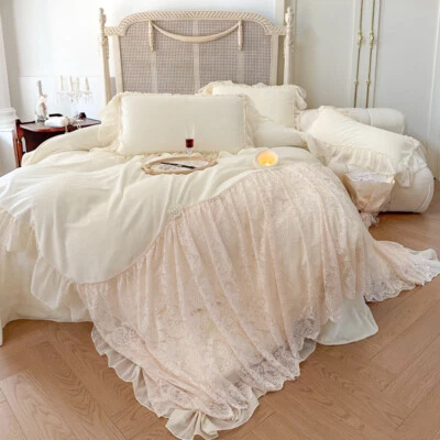 Bedding Set 4pcs Wedding Flowers Lace Warm Duvet Cover Bed Sheet 2 Pillowslips - Image 1 of 4