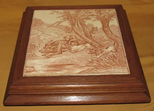 Decorative Trivet Hunting Dogs Wild Boar In Earthenware With Wooden Frame - Picture 1 of 4