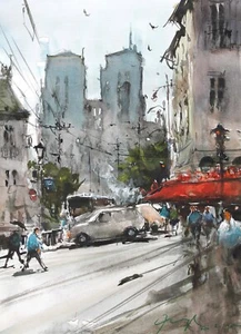 PAINTING WATERCOLOR ORIGINAL PARIS ARCHITECTURE CITY NOTRE DAME CHATEDRAL 11x8 i - Picture 1 of 7