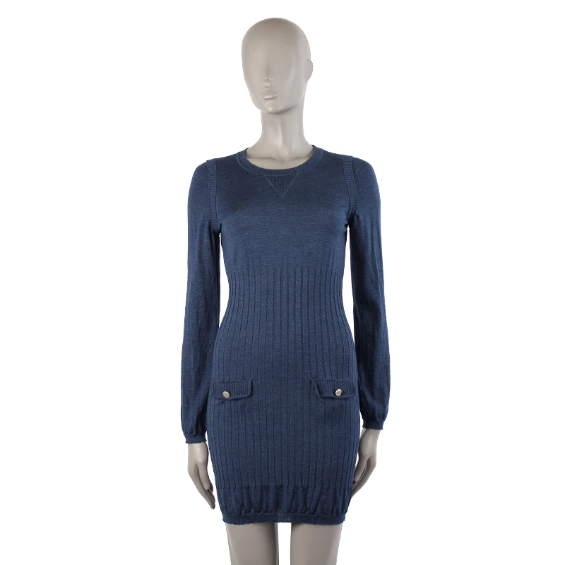 40021 Auténtico Vestido CHANEL Azul Jaspeado Lana y Seda Tejido Manga Larga XS Foto 1 de 1