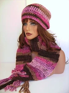 PINK AND BROWN MULTI HAND CROCHET HAT AND SCARF SET BEANIE BERET CLOCHE CAP TAM - Picture 1 of 12