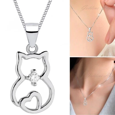 Katze Kette 925 Sterling Silber Zirkonia Damen Halskette Kater - Bild 1 von 4