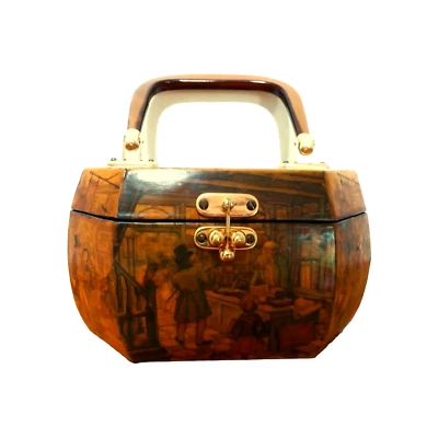 Cartera Lucite Mango Madera Octogonal Decoupage Anton Pieck Escena Mercado De Colección Foto 1 de 4