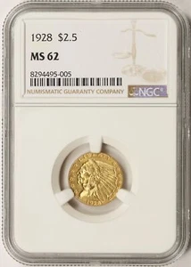 Cuarto de águila de oro indio de $2,5 1928 NGC MS62 - Imagen 1 de 4
