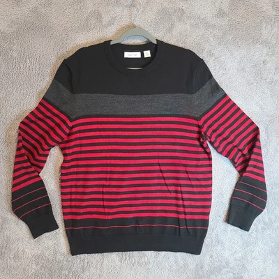 CALVIN KLEIN Men's L Black Charcoal Red Stripe Wool Crew Neck Sweater - Image 1 of 4