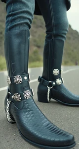 Men Big Iron Cross Silver Metal Boot Chain Pair Black Biker Straps Shoe Bracelet - Picture 1 of 23