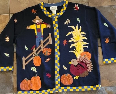 Quacker Factory Halloween Fall Scarecrow turkey cardigan sweater Thanksgiving 1X - Image 1 of 4