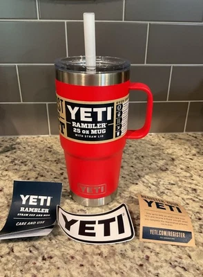 YETI Rambler 25 oz Straw Mug Duracoat RESCUE RED Lid & Straw BPA MSRP $39 NWT - Image 1 of 4