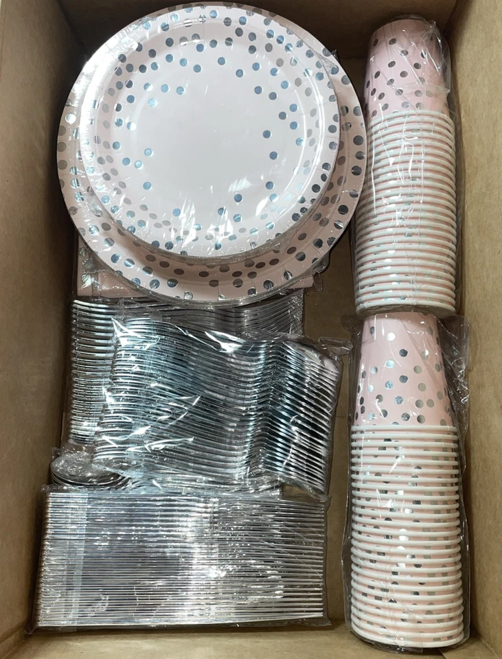 300 pcs Pink Party Supplies Set Plates Cups Napkins Cutlery Serves 25 - Image 1 of 1