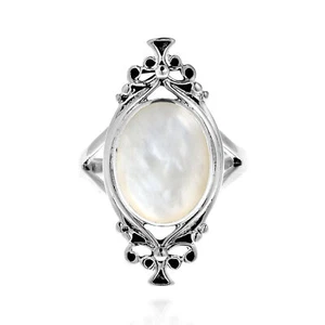 Bohemian White Mother of Pearl Oval Statement .925 Silver Ring-8 - Picture 1 of 5