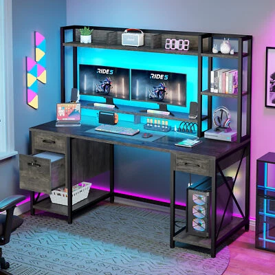59" LED Computer Desk with Power Outlets Gaming Desk Home Office Desk with Hutch - Image 1 of 4