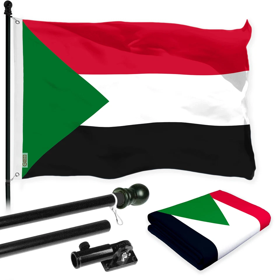 G128 Combo 6 Ft Black Flagpole and Sudan Sudanese Flag 3x5 Ft Printed 150D Poly