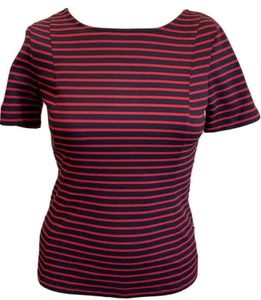 Banana Republic Womens Stretch Top Size 0 Striped Navy Red 1/4 Back Zip SS - Picture 1 of 8
