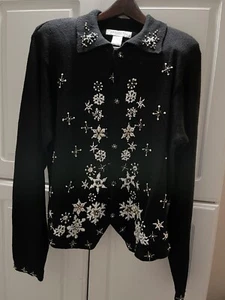 Urlaub 2019 schwarz Pailletten auf Baumwolle Arriviste Party Pullover SM Schneeflockenmuster - Bild 1 von 12