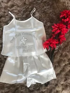 Children's Personalised Holy Communion Confirmation Day Satin Silky CAMI Child's - Picture 1 of 5