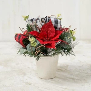 Red Poinsettia Centerpiece with Red/ White Buffalo Check Ribbon - Picture 1 of 2