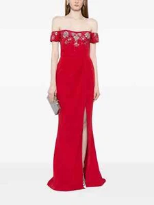 $995 Marchesa Notte Gown Size 14 Red Crepe Embellished Off Shoulder Maxi Dress - Imagen 1 de 9