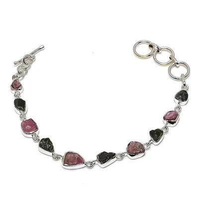 Pink Tourmaline Stone Solid Sterling Silver Anniversary Chain Wedding Bracelet - Image 1 of 4