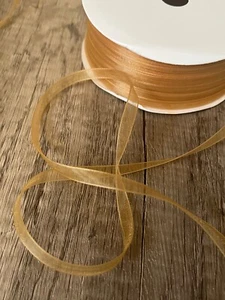 1/4” Old Gold Organza Ribbon Spool Sheer Narrow Craft Wedding Gift Wrap 50 yds - Picture 1 of 2